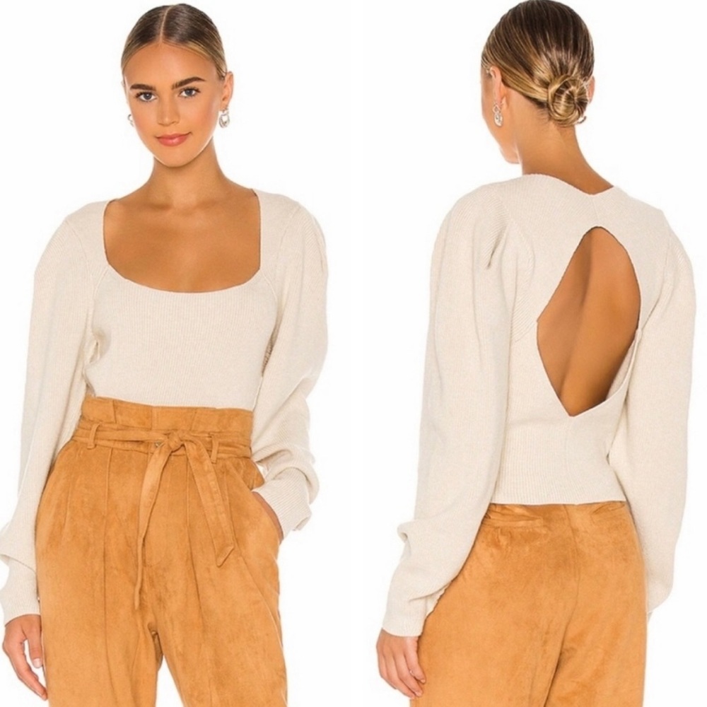 Free People Saffron Open Back Puff Sleeve Sweater Oatmeal Beige Size XL